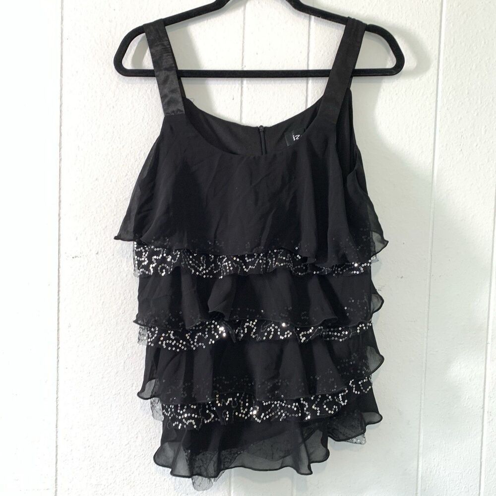 Vtg IZ Byer Womens XL Tank Top Layered Ruffle Y2K Pink Goth Club Scene Sequins